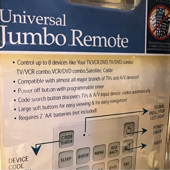 NEW Jumbo Universal Remote Control Up to 8 Devices. GLOW in the Dark Buttons BIG - Picture 8 of 11